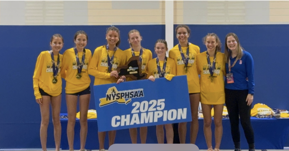 The team after winning the state championship. (from left to right: Odessa Dennis, Emerson Dennis, Carina Winiecki, Mia Horgan, Elizabeth Conlon, Ella McCalla, Eva Mihova)